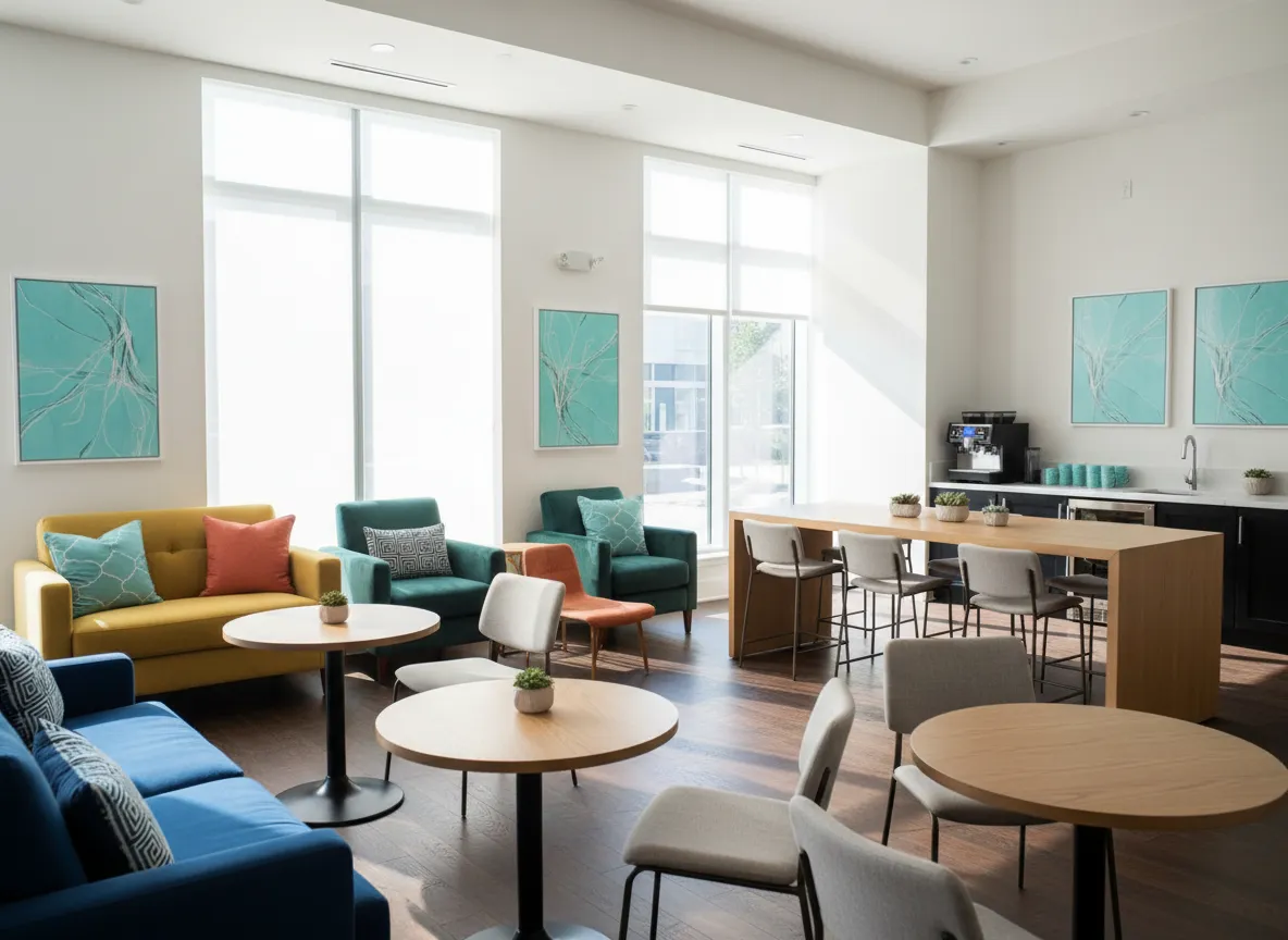 Modern resident lounge with seating and workspace at Siena South apartments